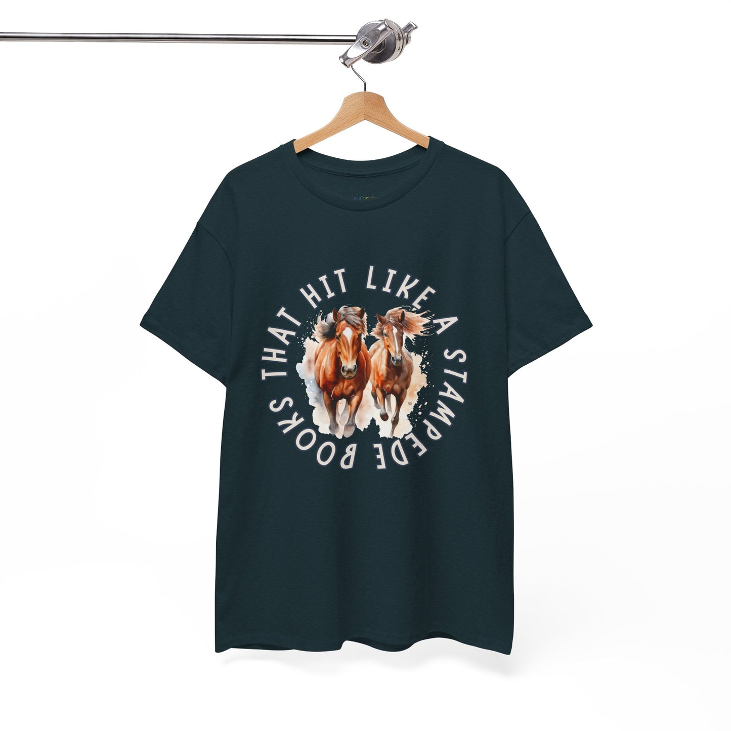 Midnight t-shirt with horses running out from the center of the shirt and circled by words 'Books That Hit Like a Stampede' 
