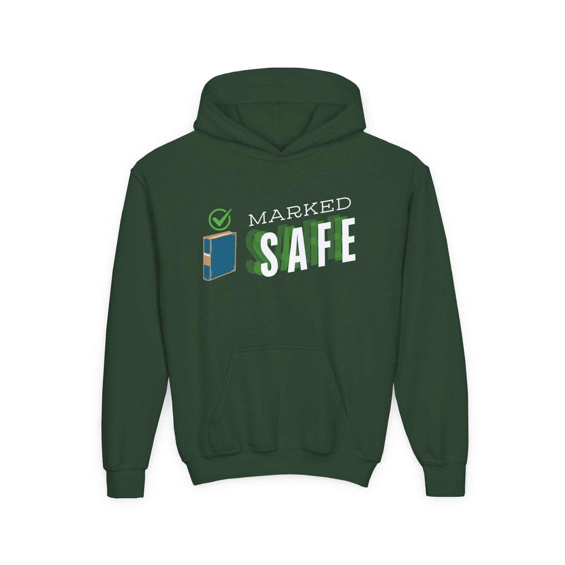 Green youth hoodie with a green checkmark over a book and text 'Marked Safe'