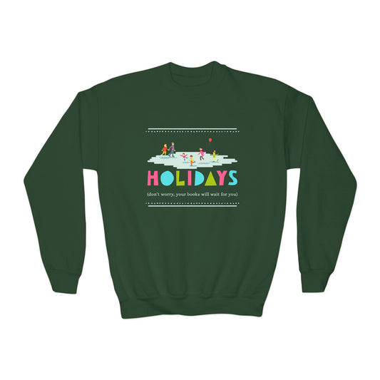 Green sweatshirt with a colorful an ice skating scene and colorful 'Holidays' text 