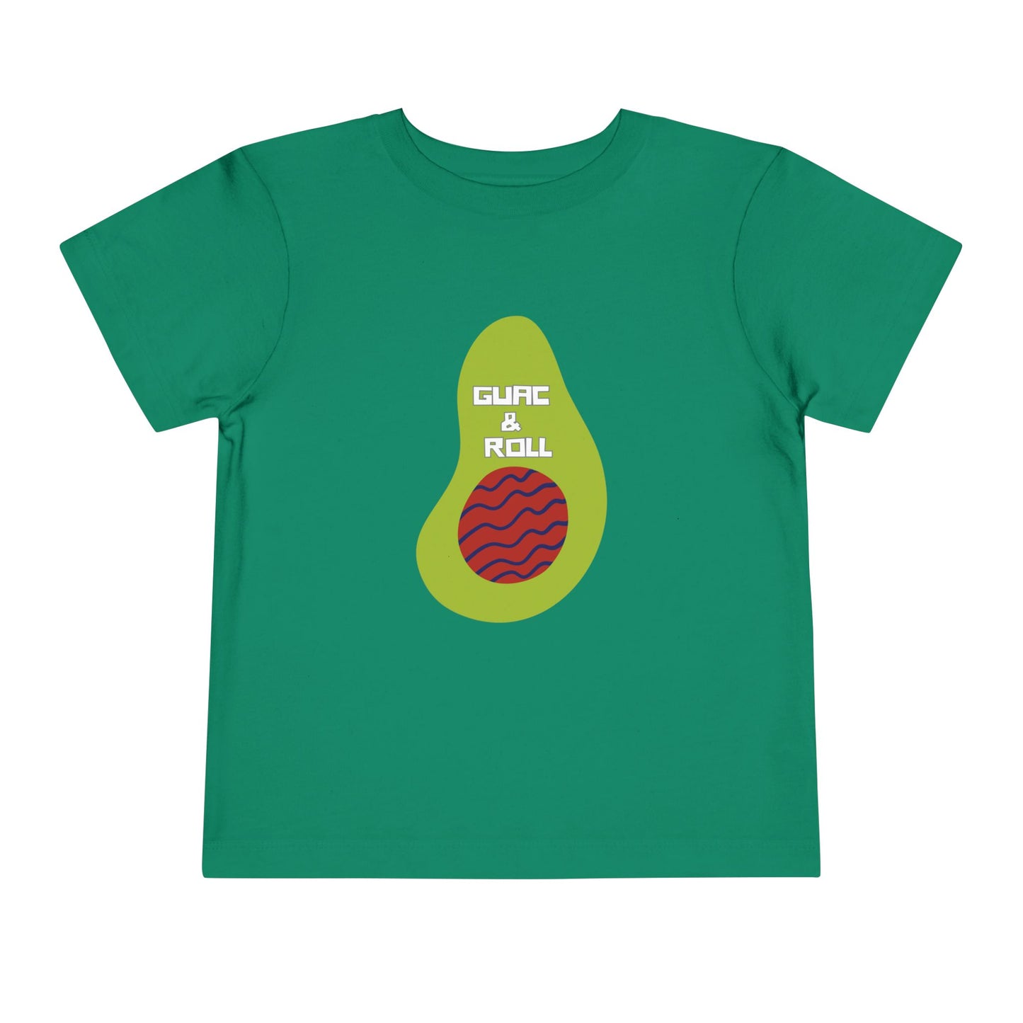 Green t-shirt with avocado graphic and 'Guac & Roll' text 