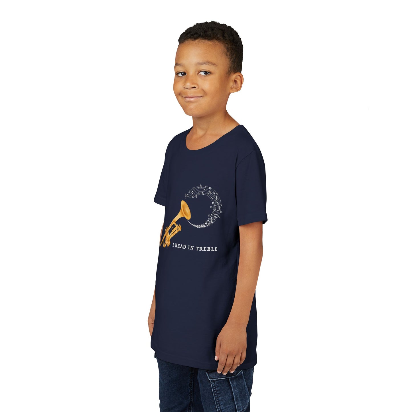 Boy wearing a navy blue t-shirt with a gold trumpet graphic, swirling music notes and text 'I Read In Treble'