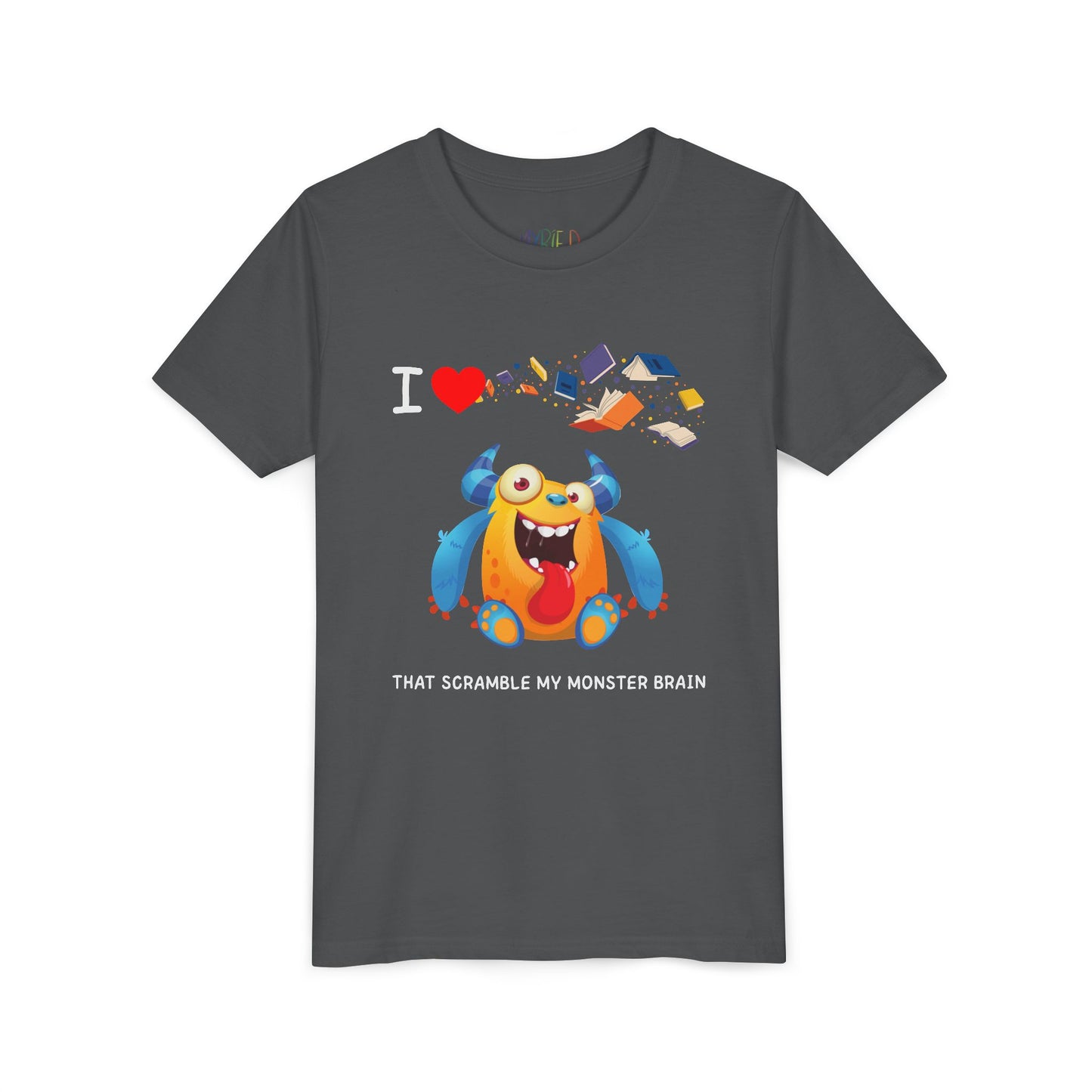 Gray t-shirt with a goofy, yet colorful cartoon monster character, books flying through air and playful I love books that Scramble My Monster Brain text