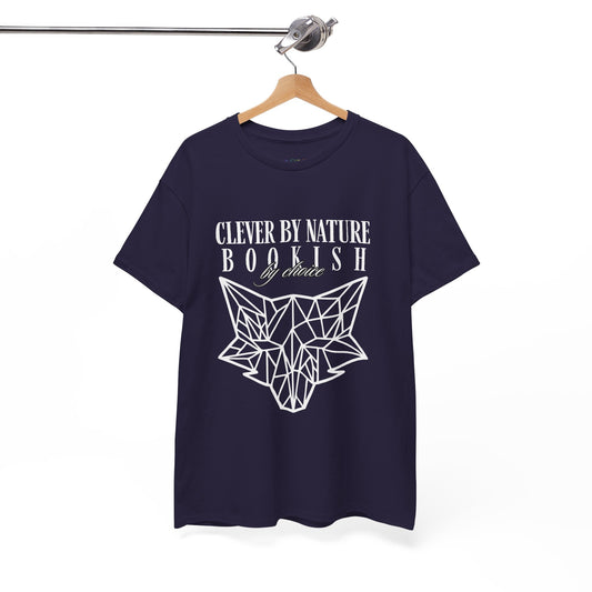 Dark blue t-shirt with white geometric fox design and text 'Clever by Nature, Bookish By Choice'