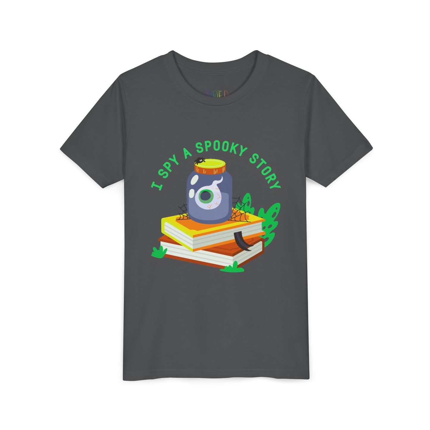 Gray t-shirt with a graphic design of a jar with an eyeball, books, a spider and text 'I Spy A Spooky Story'
