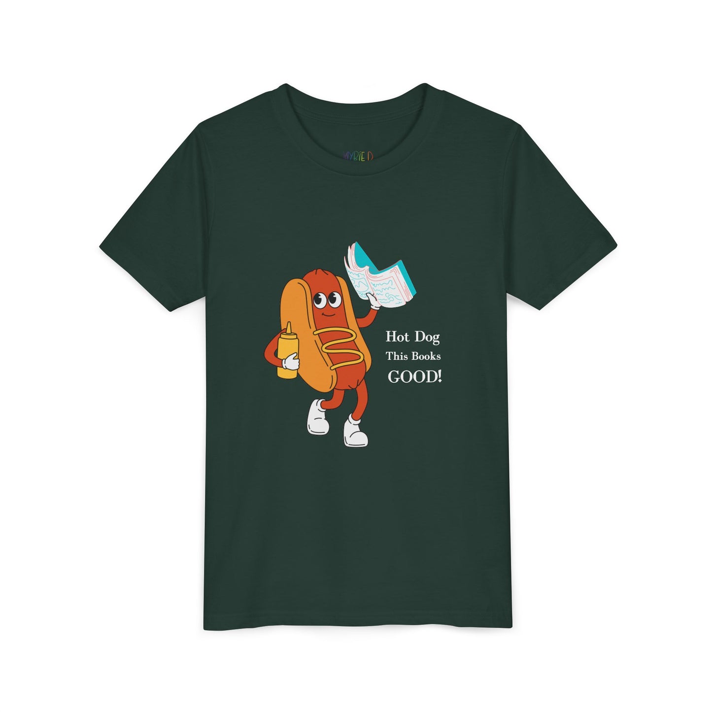 Dark green t-shirt with a cartoon hot dog character holding a blue book and text 'hot dog this books good'