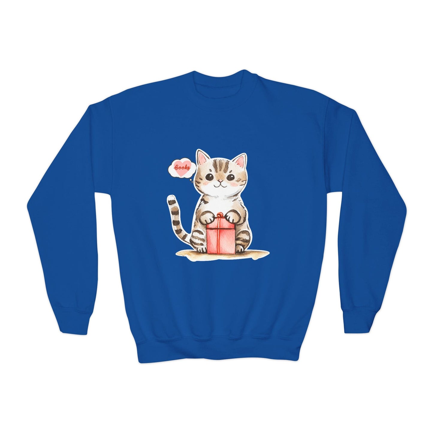 Youth Books & Kitty Gift Sweatshirt â€“ Cute Holiday Cat Design Printify