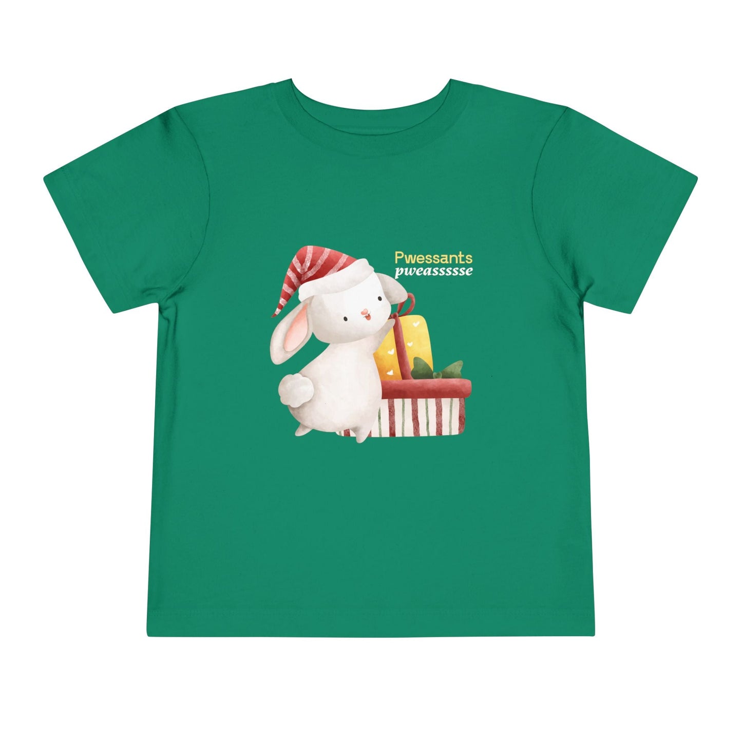 Green toddler t-shirt with a cartoon bunny and gift box design on a white background