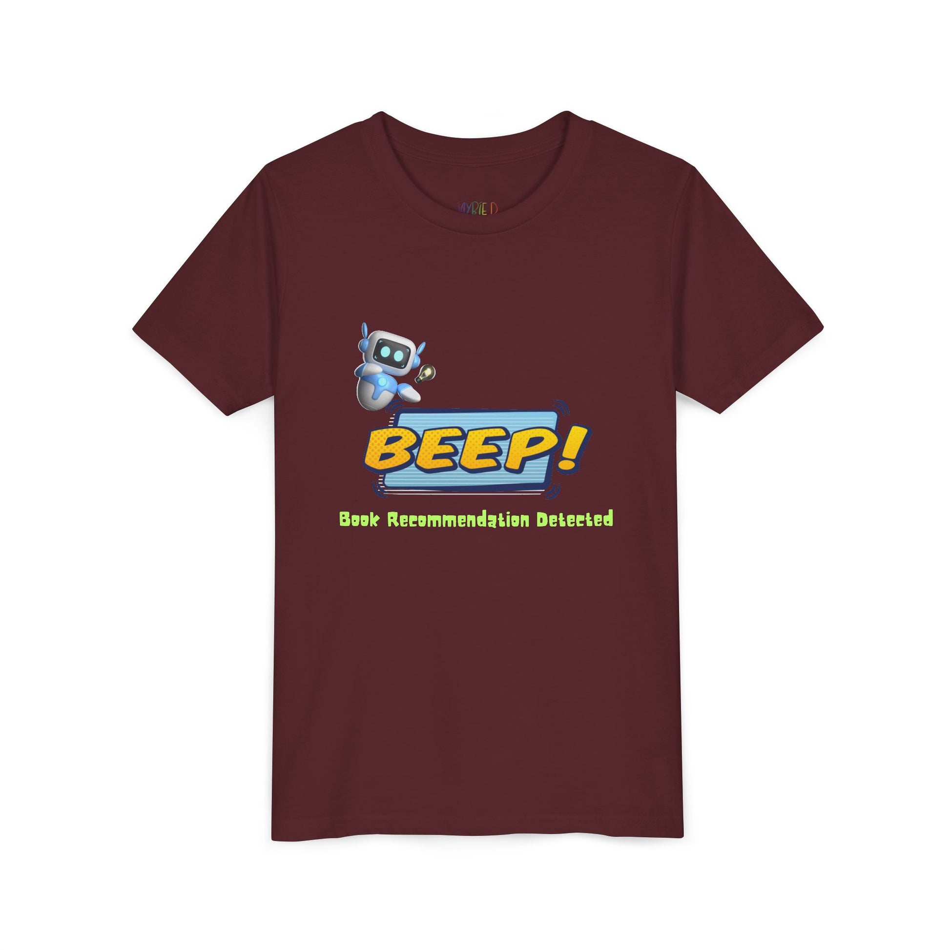 Maroon t-shirt with robot graphic and 'BEEP! Book Recommendation Detected' text 