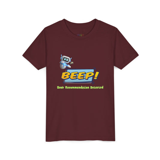 Maroon t-shirt with robot graphic and 'BEEP! Book Recommendation Detected' text 