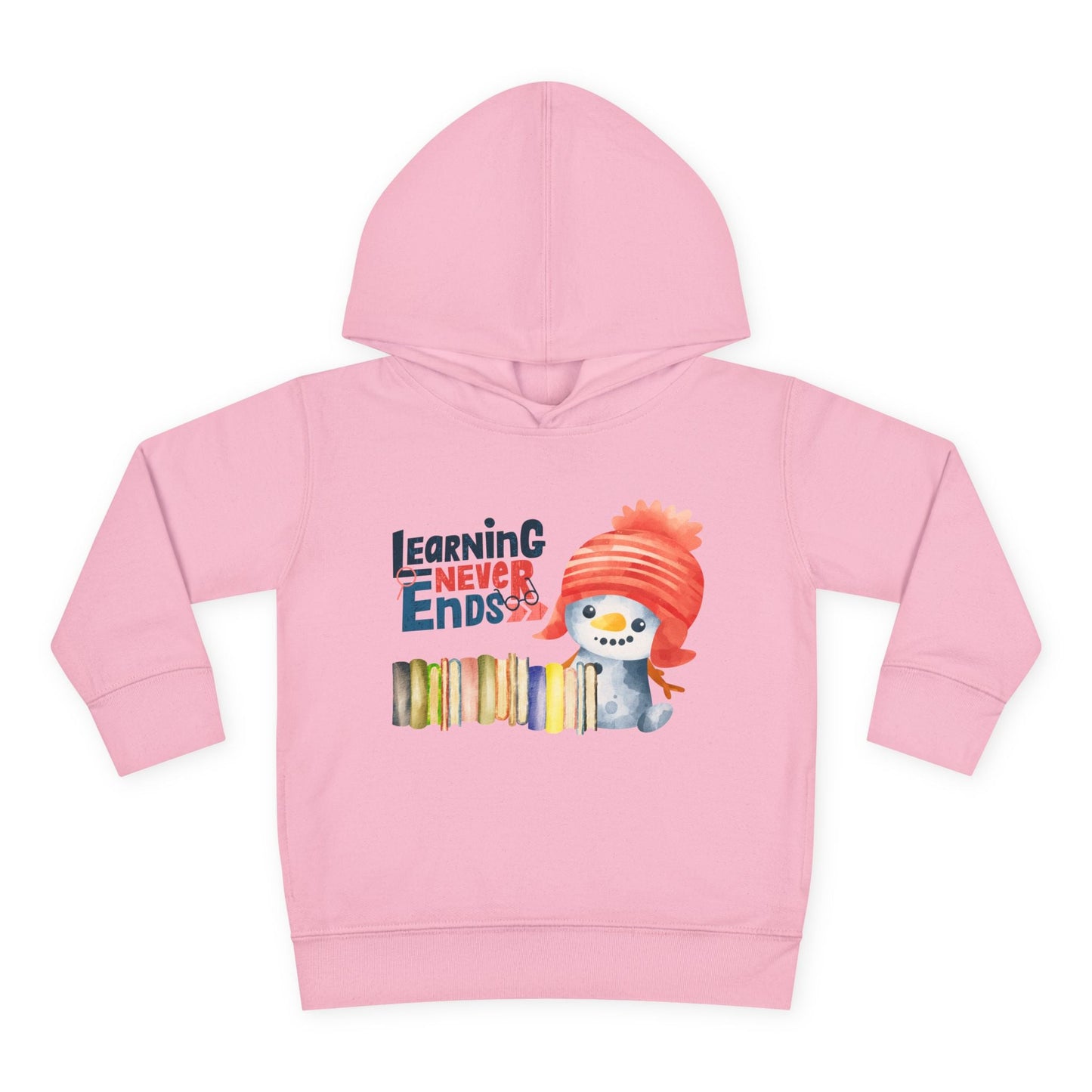 Pink toddler hoodie with a showman, a line of books and text 'Learning Never Ends' on a white background
