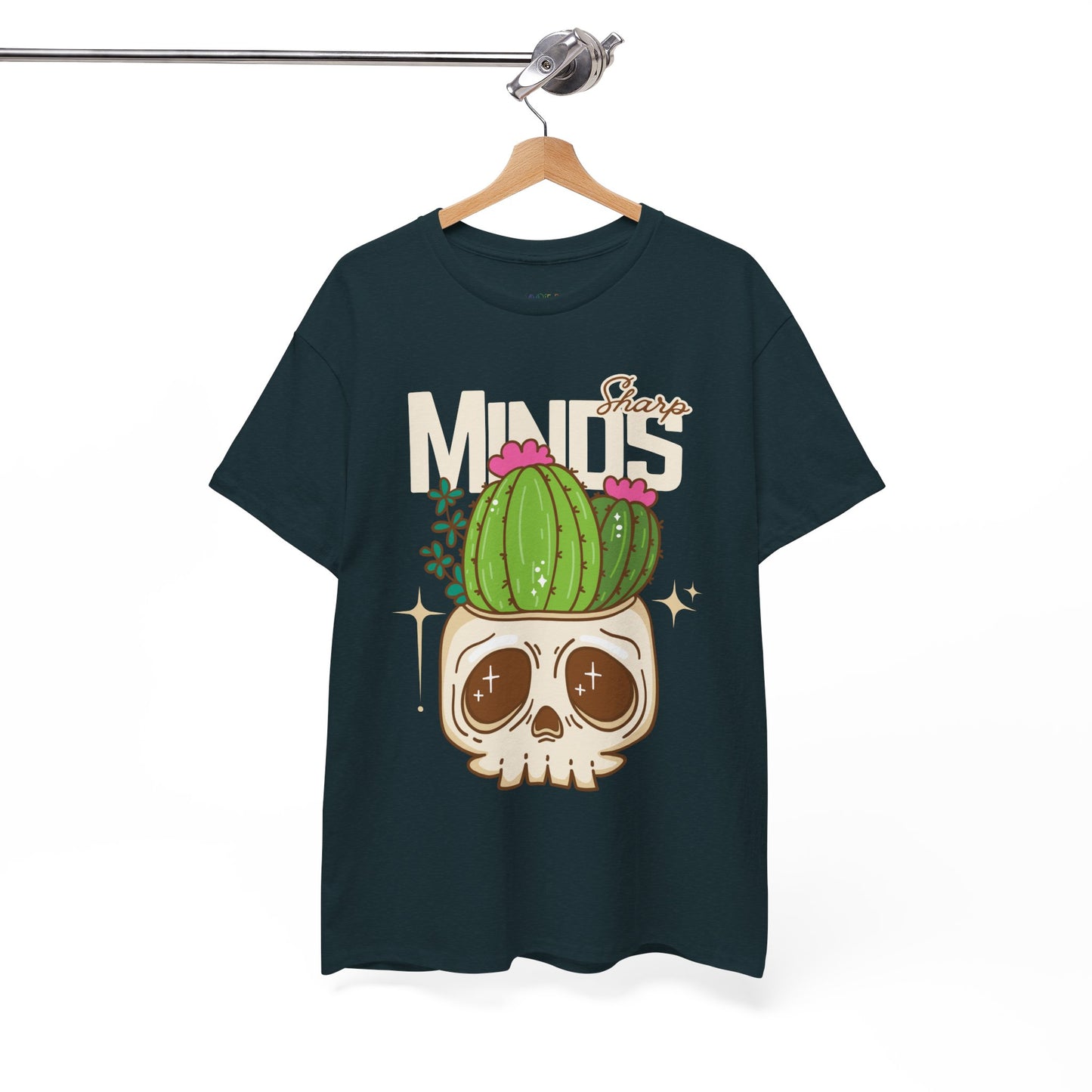 Midnight t-shirt with an image of a cactus growing out of a skull and text 'Sharp Minds'