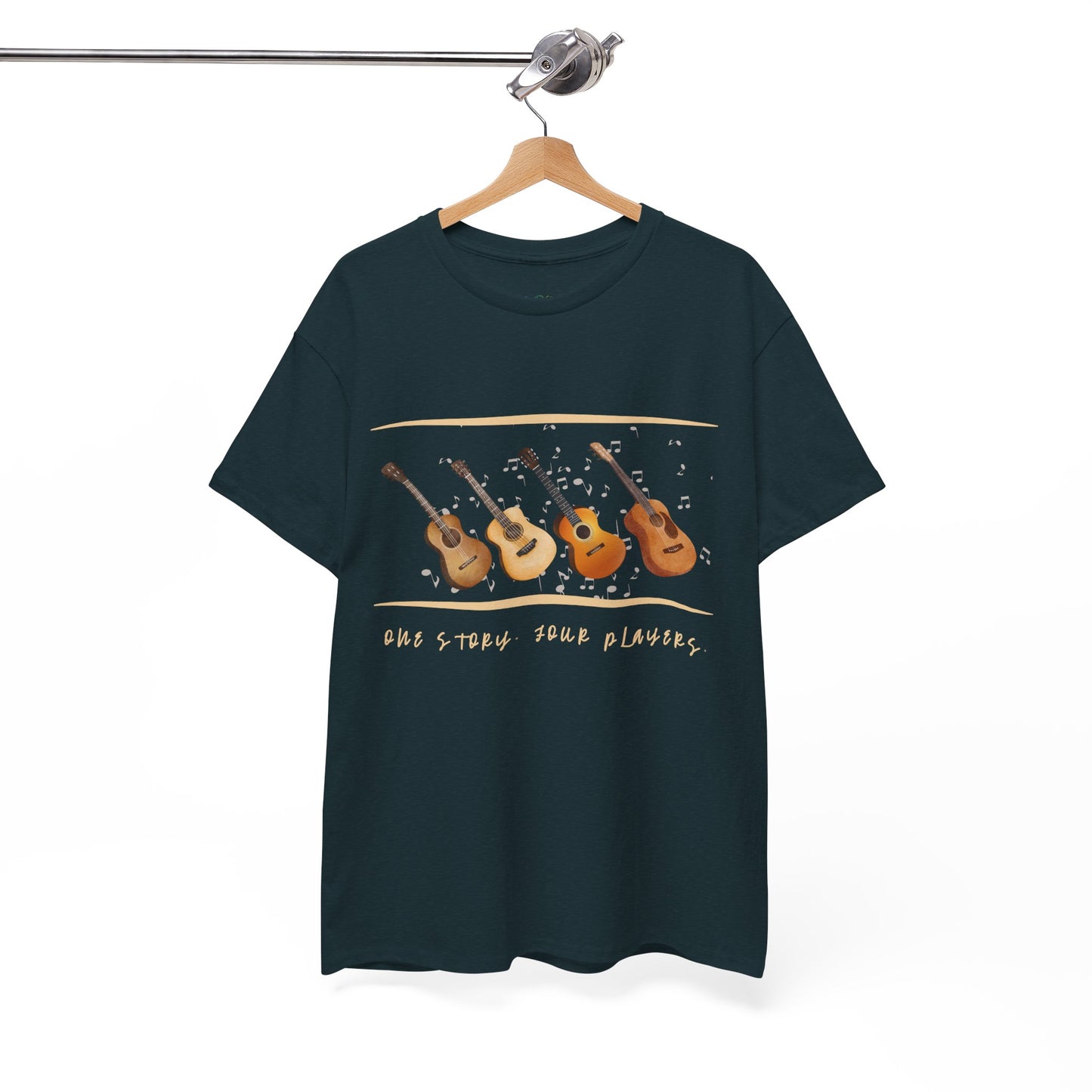 Midnight t-shirt with four guitars and text 'one story, four players'