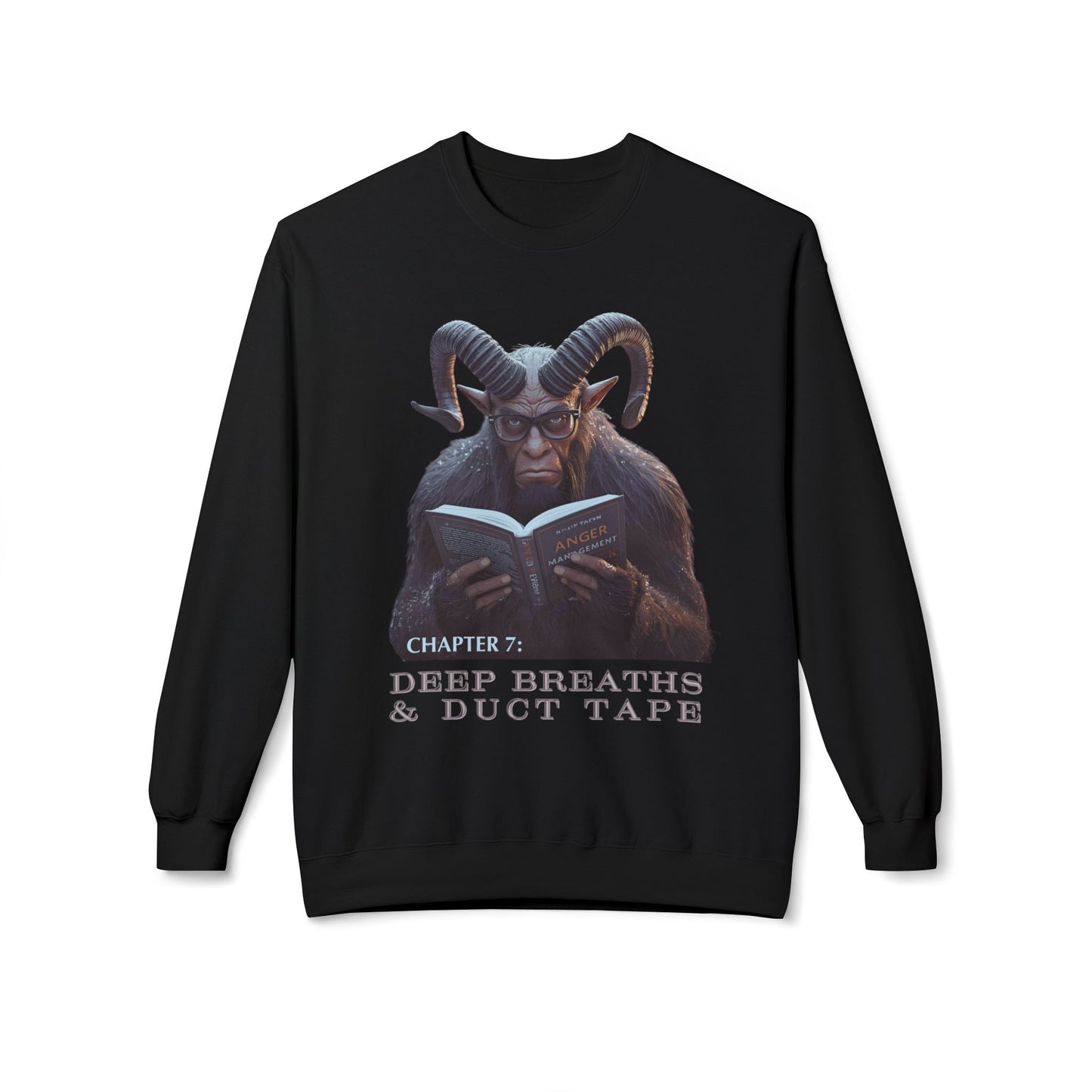 Black sweatshirt with Krampus wearing glasses and reading an Anger Management book, text 'Chapter 7: Deep Breaths & Duct Tape' 