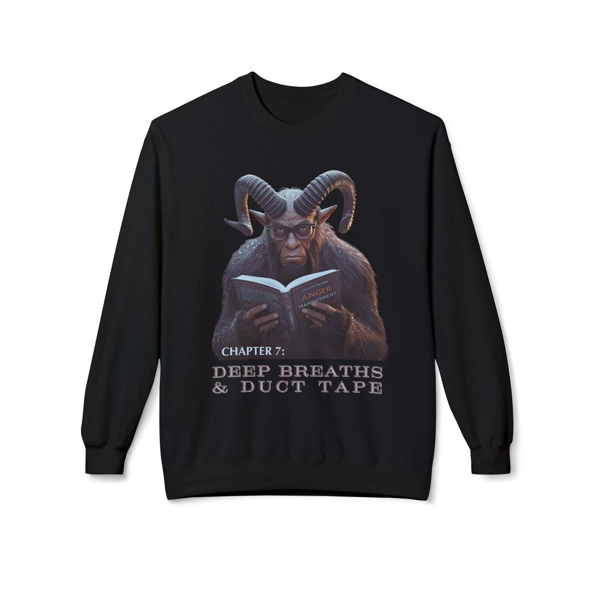 Black sweatshirt with Krampus wearing glasses and reading an Anger Management book, text 'Chapter 7: Deep Breaths & Duct Tape' 