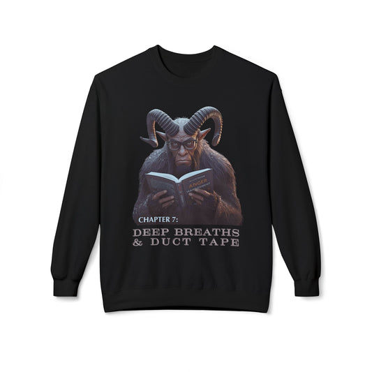 Black sweatshirt with Krampus wearing glasses and reading an Anger Management book, text 'Chapter 7: Deep Breaths & Duct Tape' 