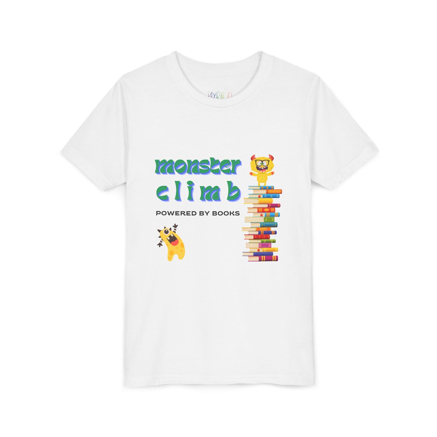 White t-shirt with one very excited monster looking up at a fellow monster standing on top of a stack of books and text 'Monster Climb Powered By Books'