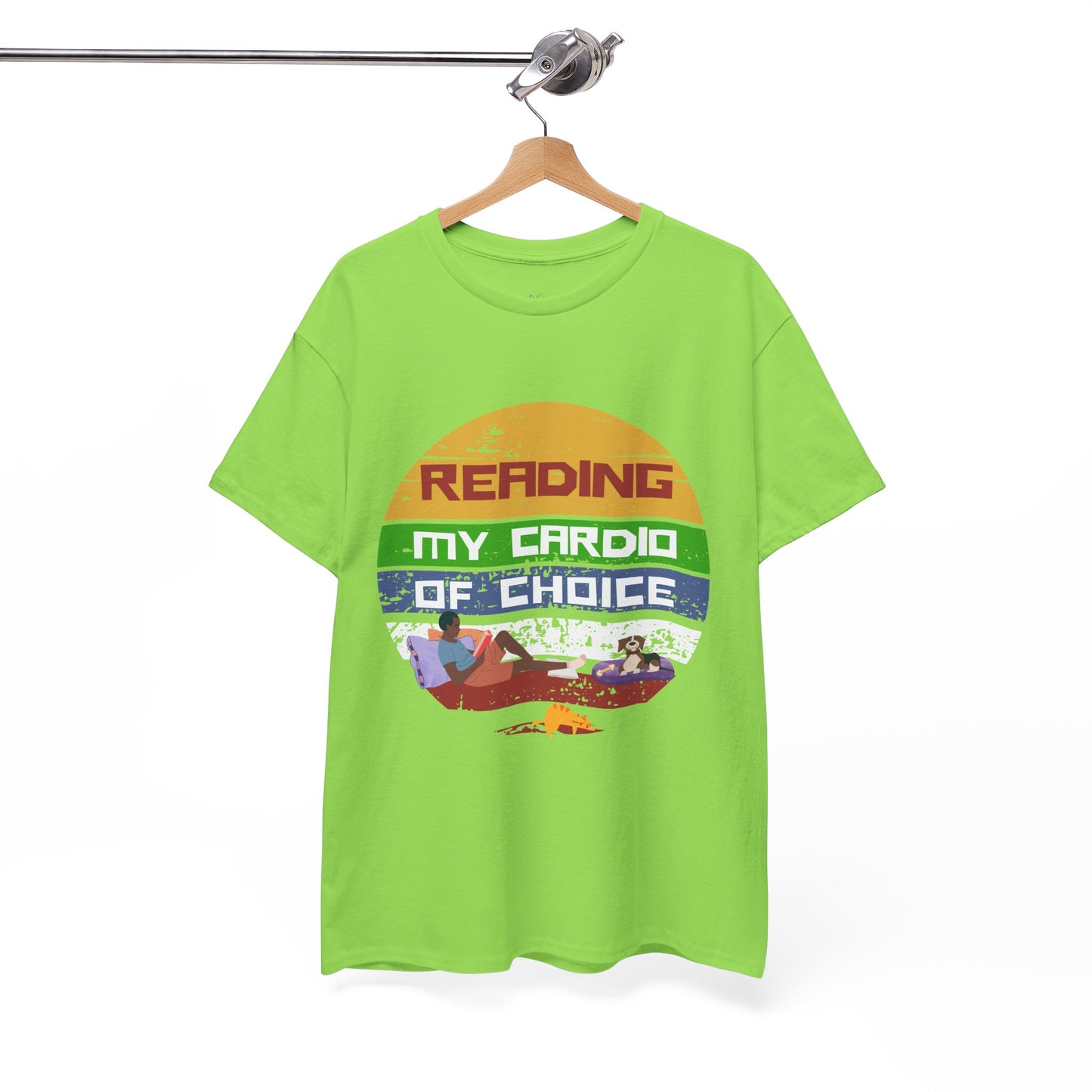 Green retro t-shirt with a colorful striped circle featuring a man reading a book alongside his dog and cat, and text 'Reading, My Cardio Of Choice' 