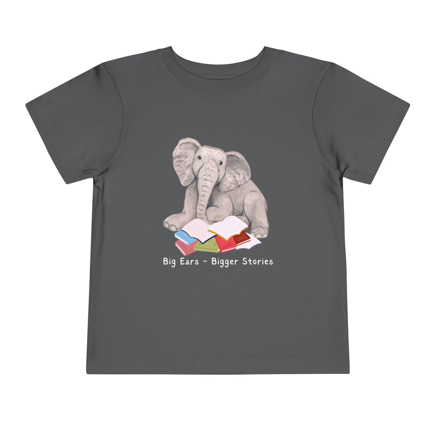 Gray t-shirt with an elephant reading a stack of books and text 'Big Ears - Bigger Stories' 
