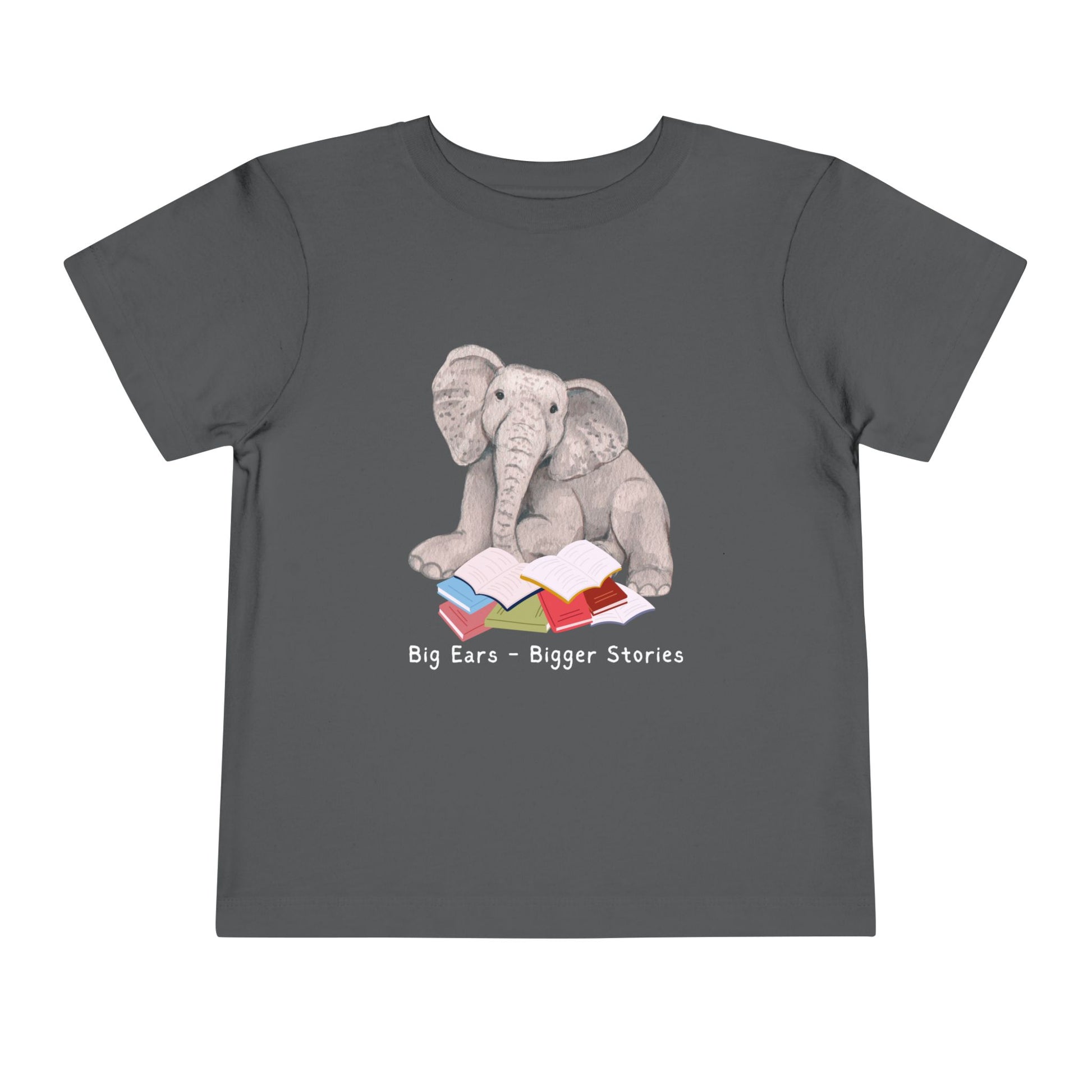 Gray t-shirt with an elephant reading a stack of books and text 'Big Ears - Bigger Stories' 