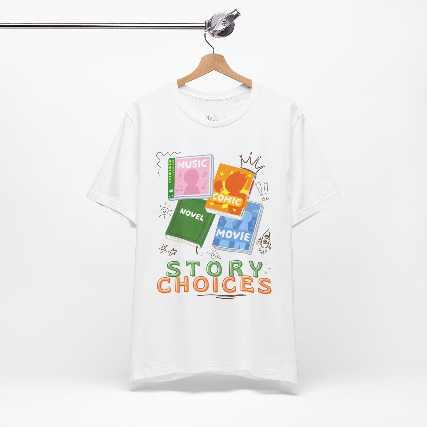 White t-shirt with different kinds of audio and visual media, surrounded by doodles and text 'Story Choices' 