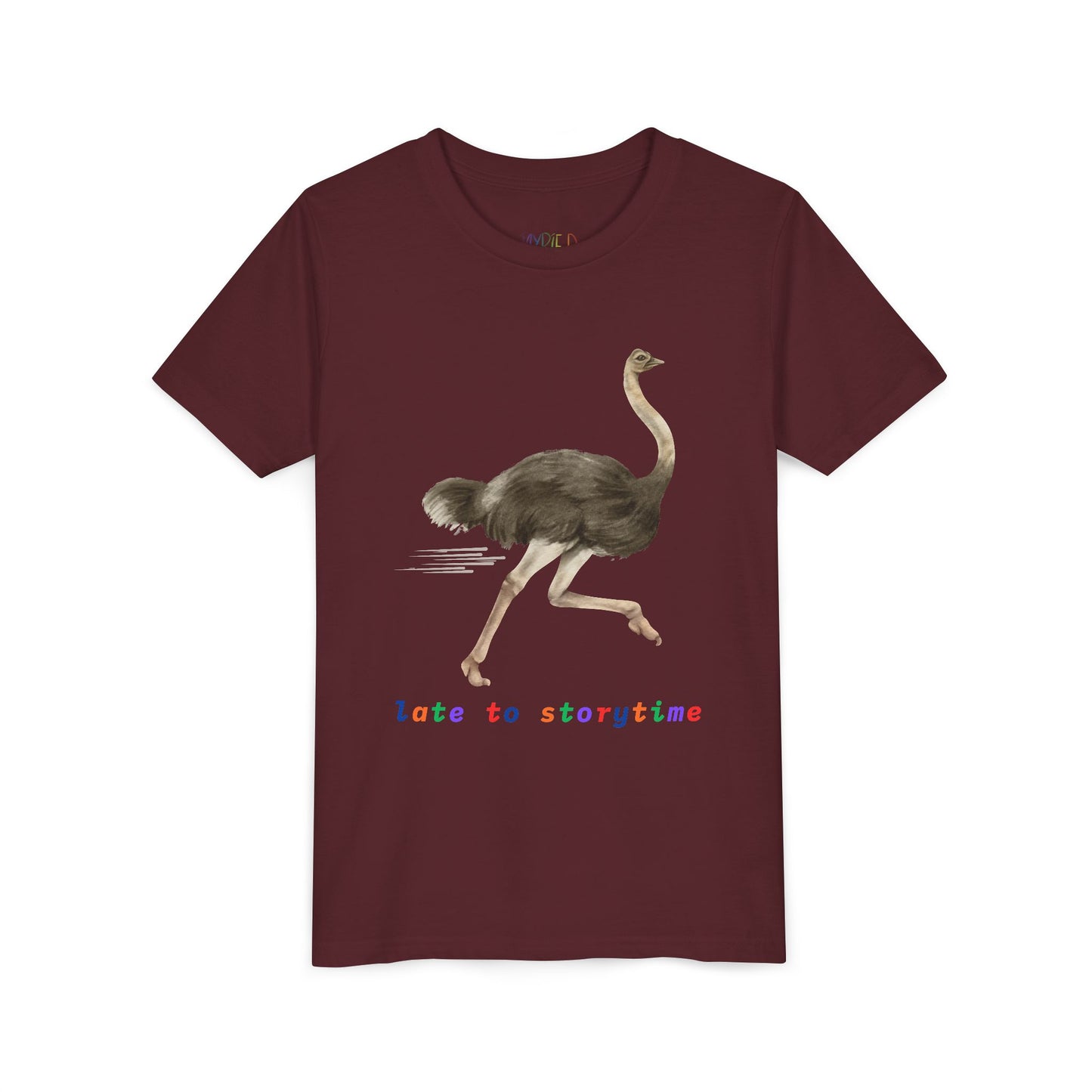 Youth Late to Storytime Tee – Funny Ostrich Shirt for Bookish Speedsters