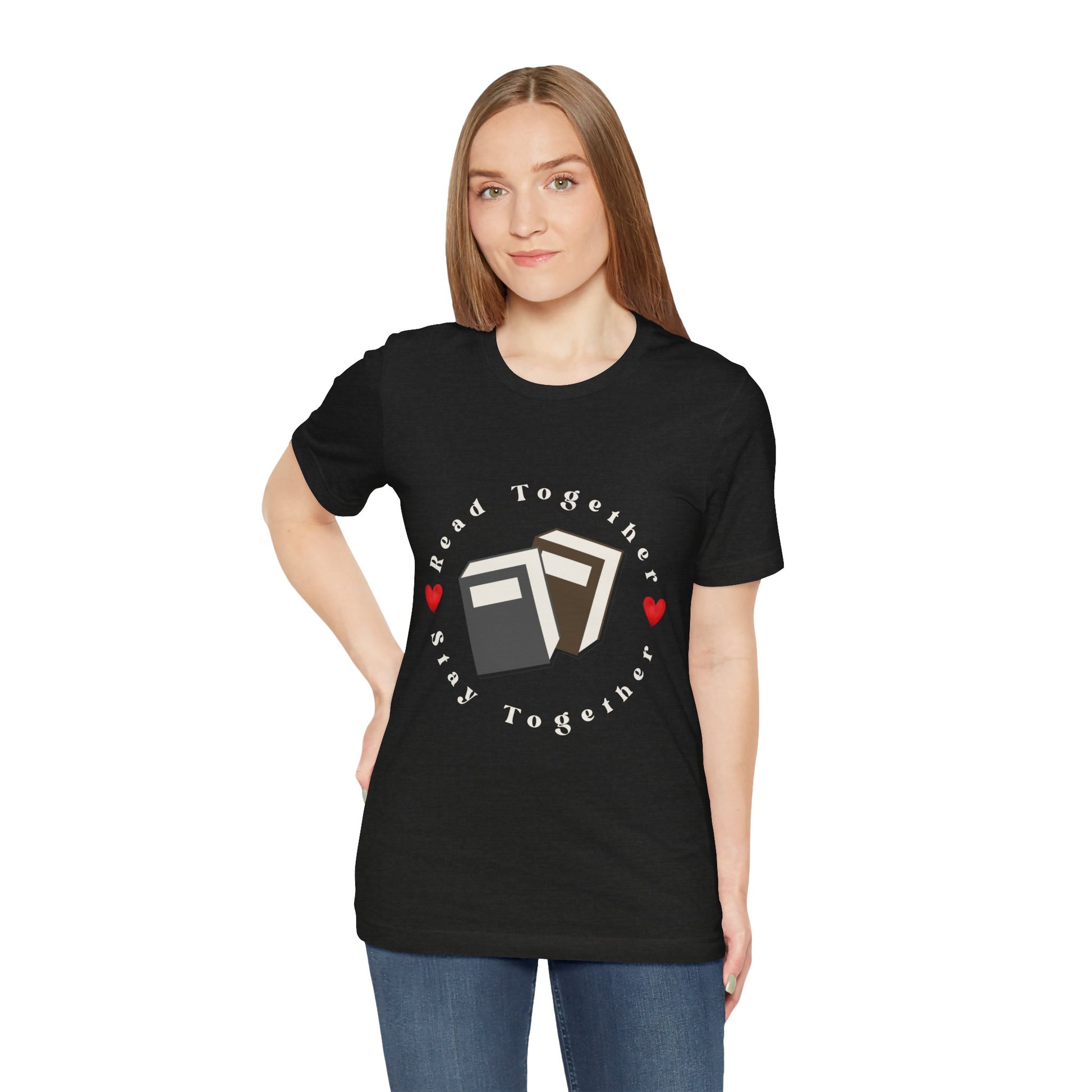 Woman wearing a black t-shirt with two books circled by hearts and text 'Read Together. Stay Together.' 