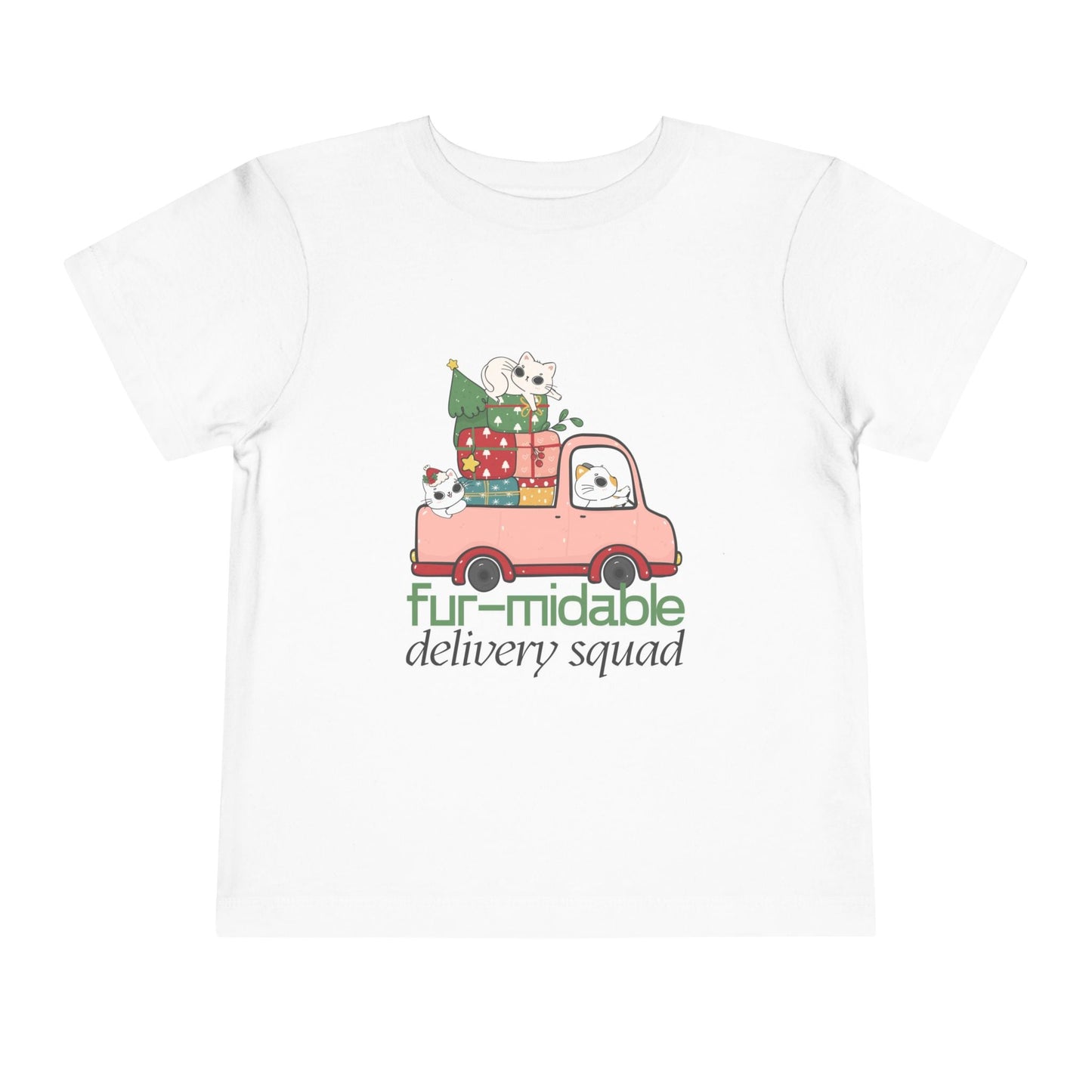 White toddler t-shirt with a festive pink truck full of kitties and presents, text 'fur-midable delivery squad' 