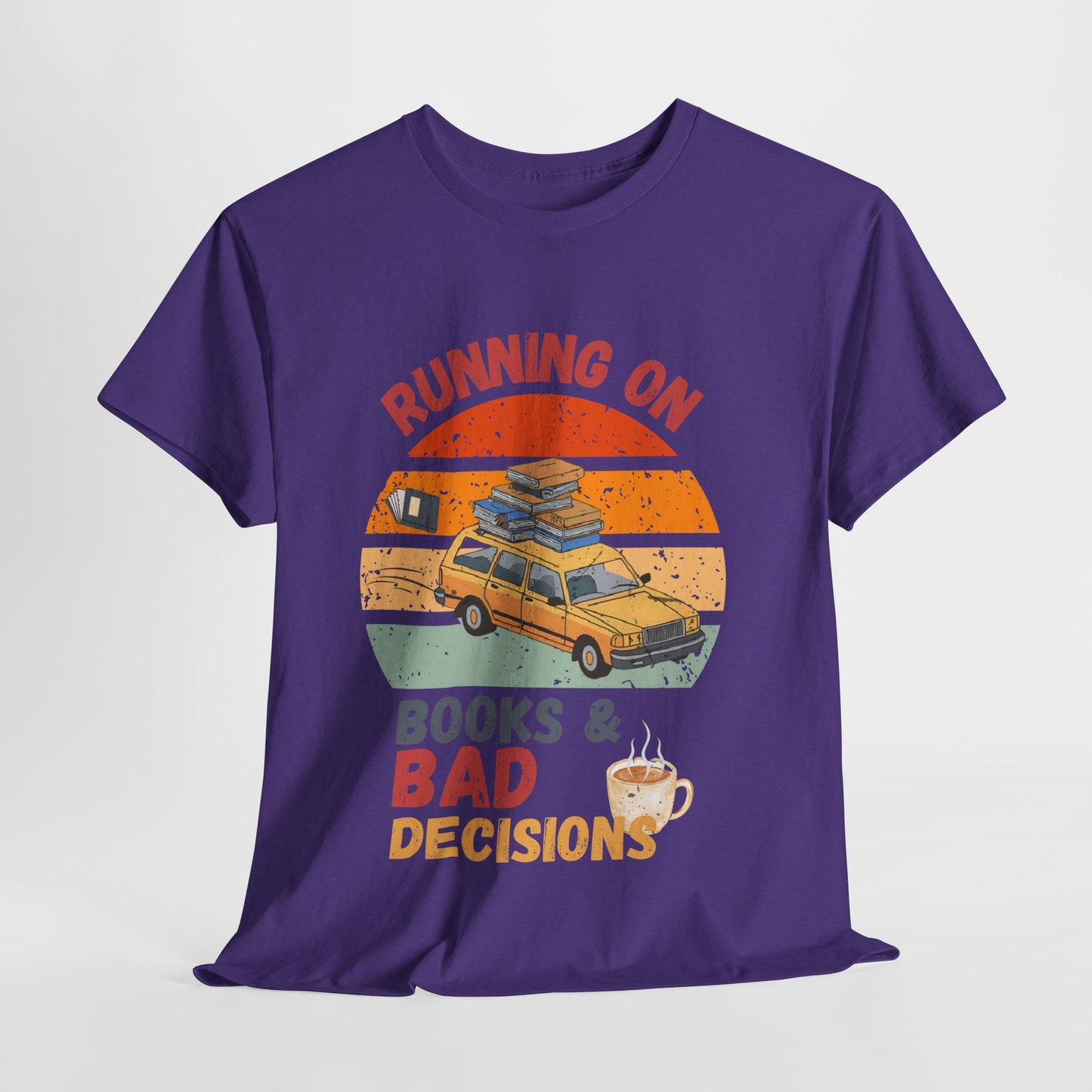 Teen/Adult Unisex Running on Books & Bad Decisions Tee – Funny Retro Reader Shirt for Book Addicts (Coffee Edition)