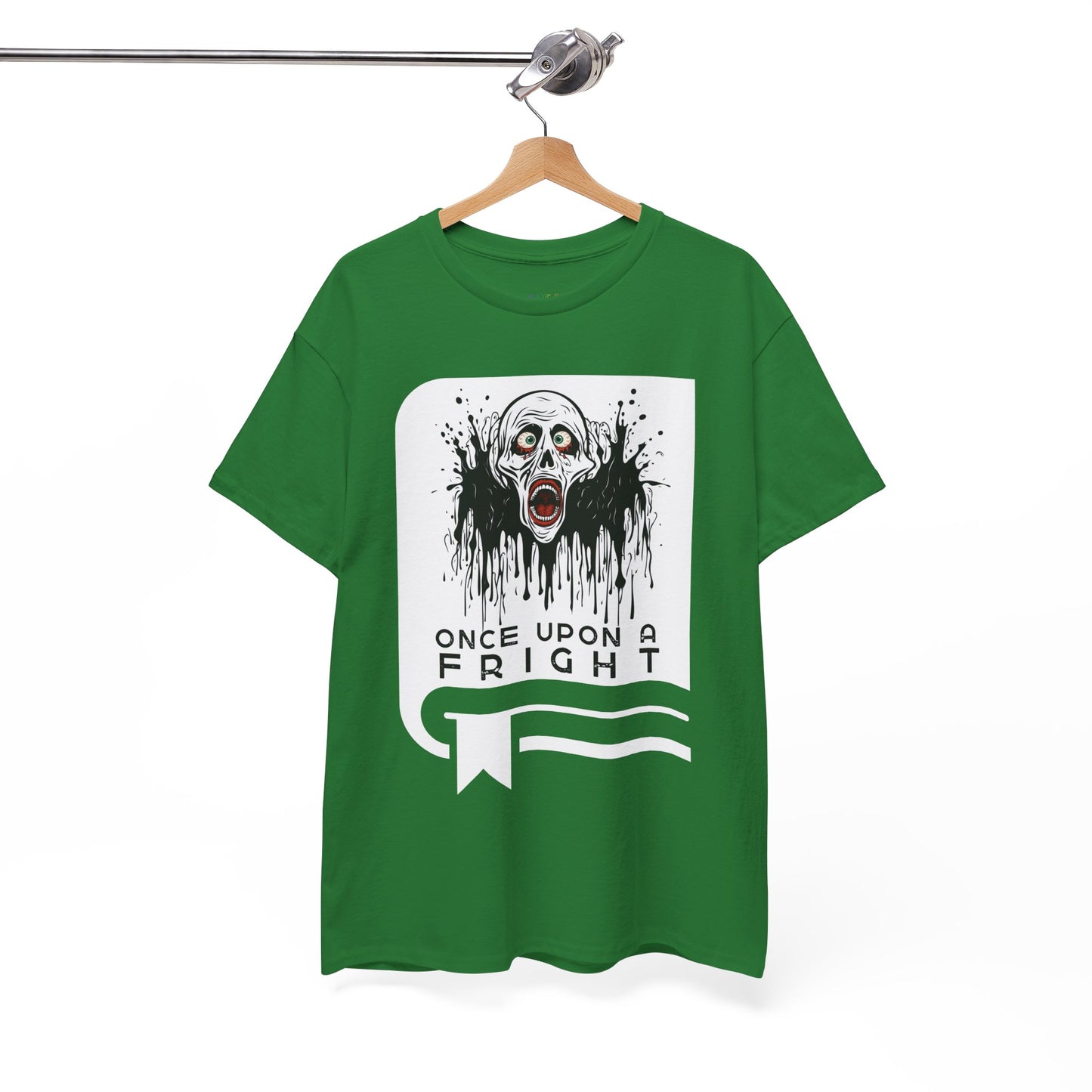Green t-shirt with a graphic design of creepy skeleton graphic on a book cover and text 'Once Upon a Fright' on a hanger against a white background.