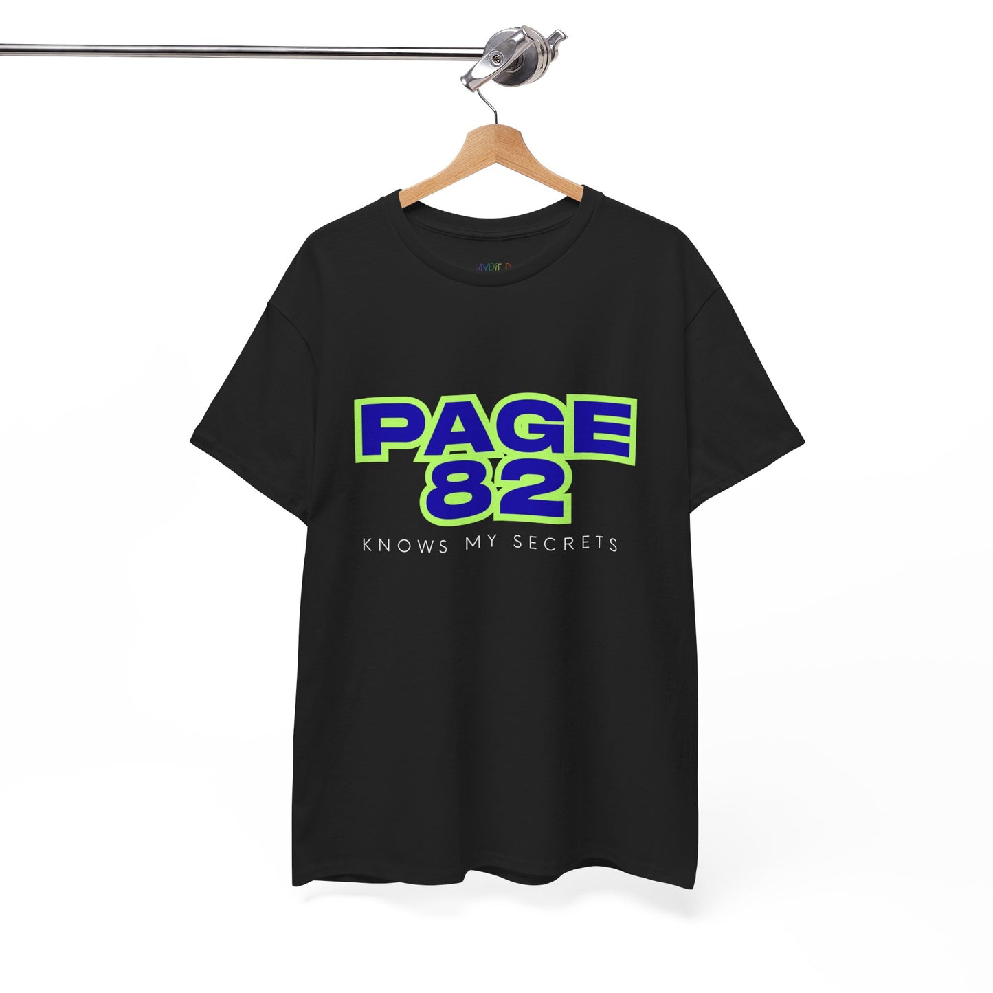 Black t-shirt with 'PAGE 82 KNOWS MY SECRETS' text 