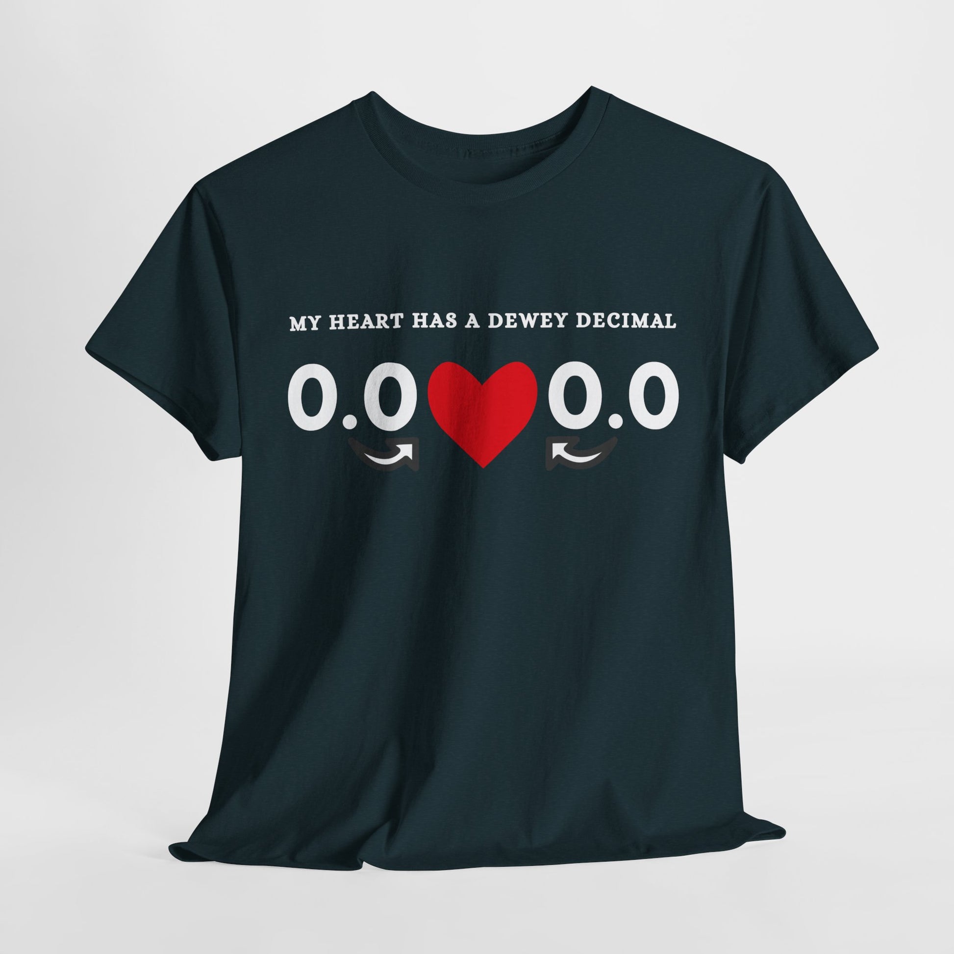 Black t-shirt with arrows pointing toward a red heart sitting between numbers and decimals, text 'My Heart Has a Dewey Decimal'