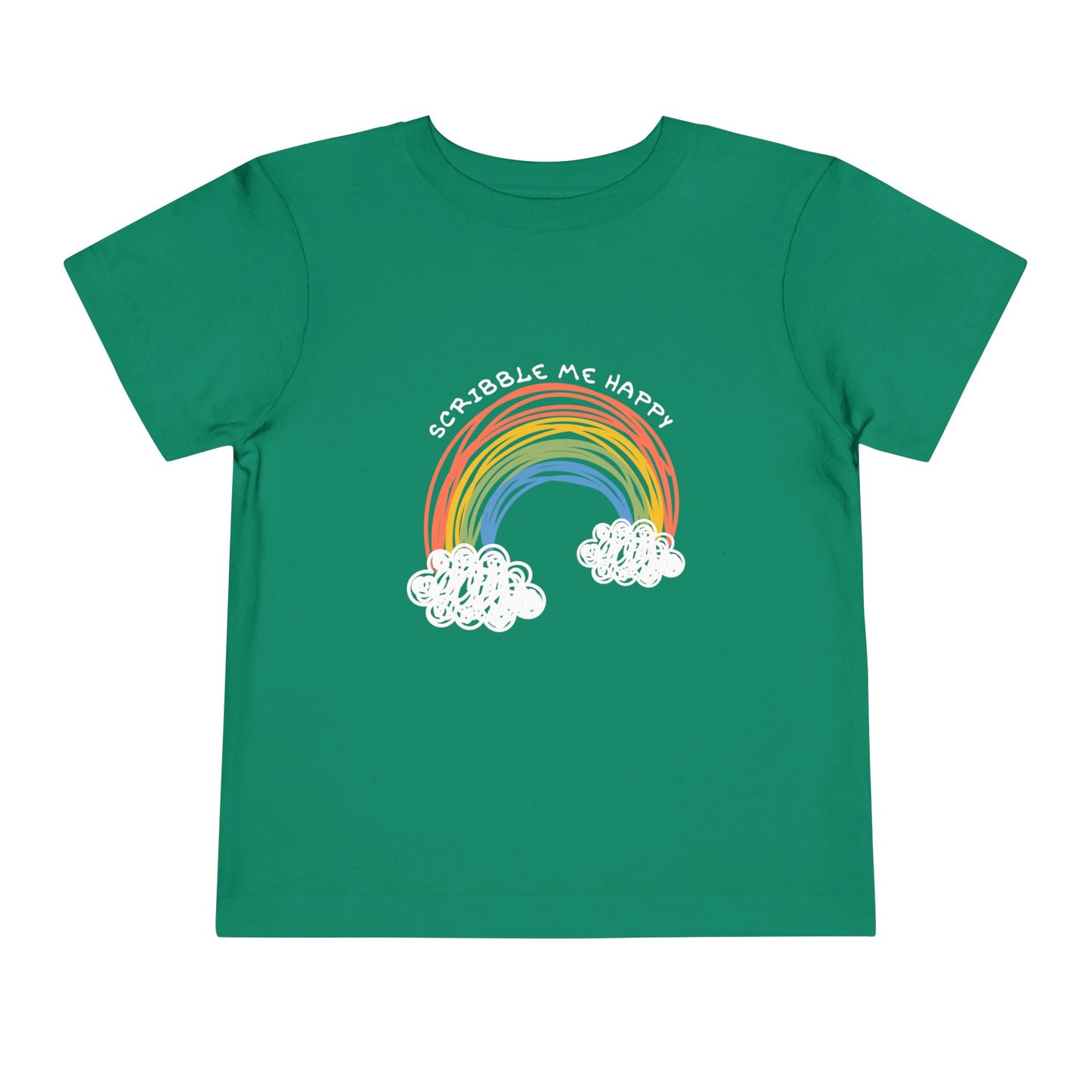 Green toddler t-shirt with a child's coloring of a rainbow and cloud design, text 'scribble me happy'