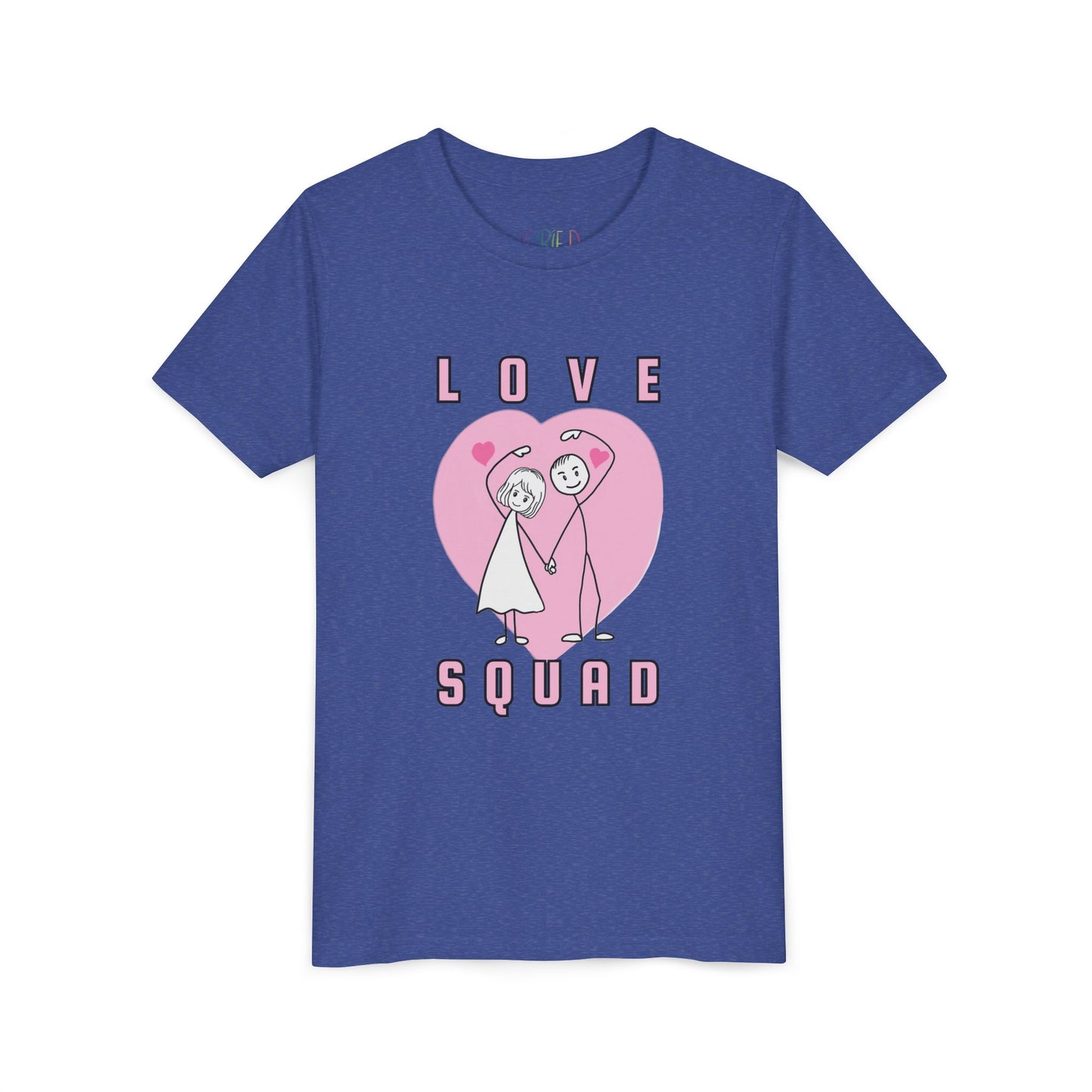 Blue t-shirt with 'Love Squad' stick figure design, a large pink heart and text 'Love Squad' 