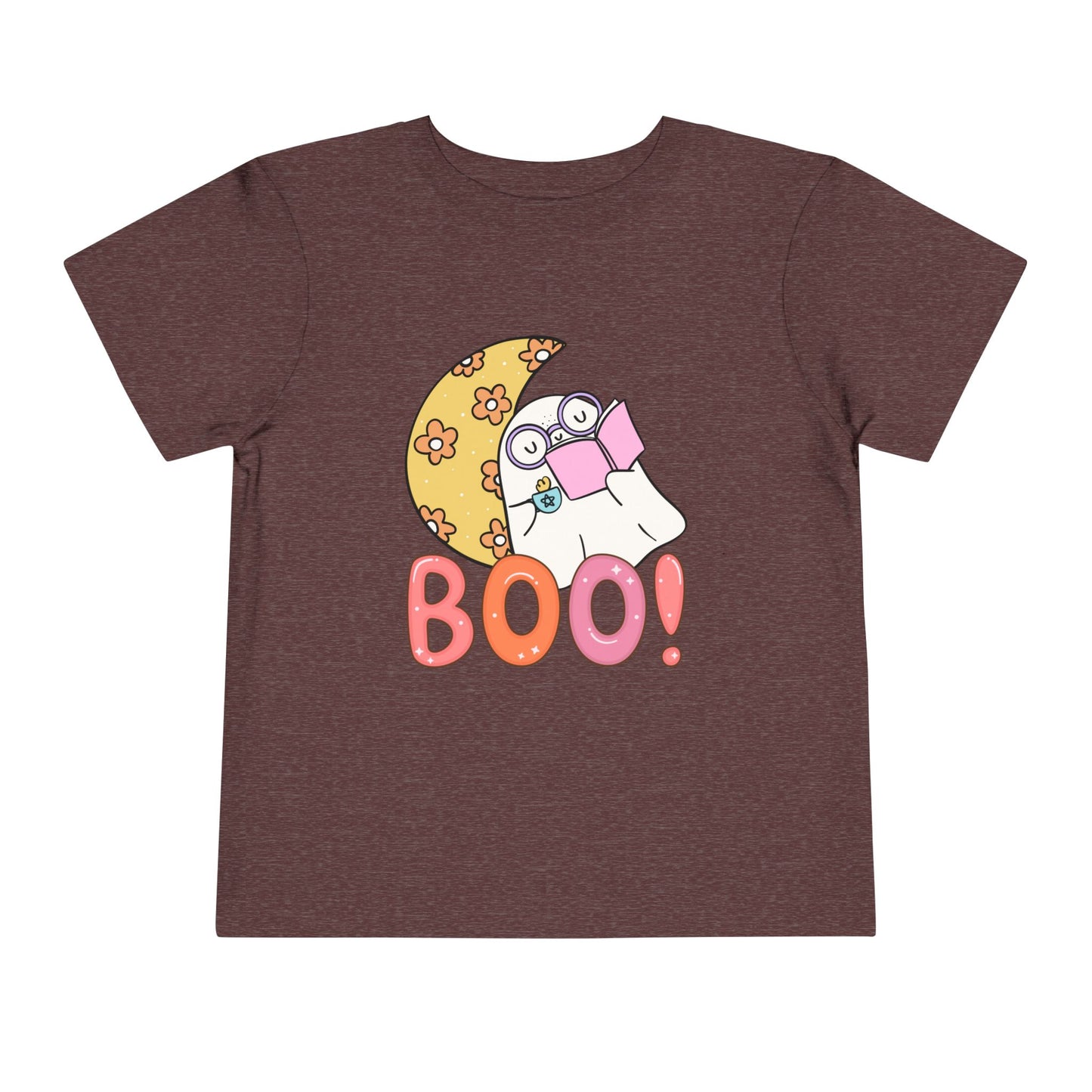 Maroon t-shirt with a Halloween-themed design featuring a ghost, moon, and 'BOO!' text 