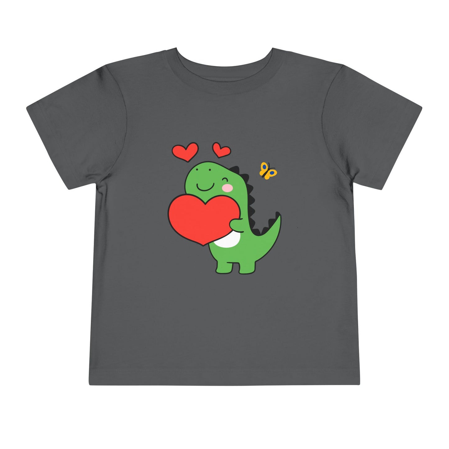 Gray toddler t-shirt with a cartoon dinosaur hugging a red heart