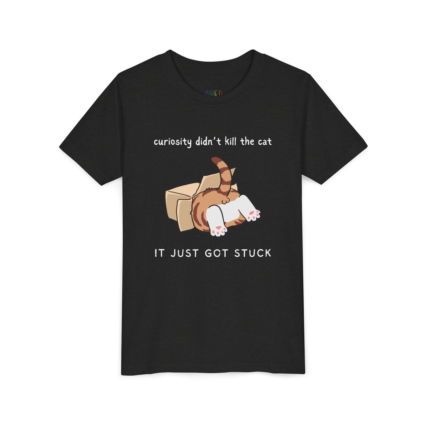 Youth Curiosity Just Got Stuck T-Shirt – Funny Cat Lovers' Tee for Young Readers