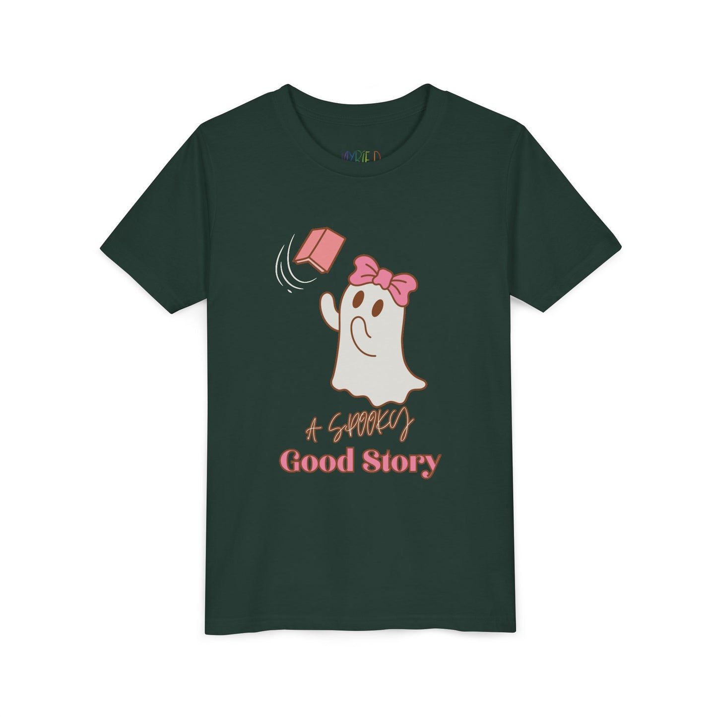 Dark green t-shirt with ghost trying to catch a haunted book and text 'A Spooky Good Story'