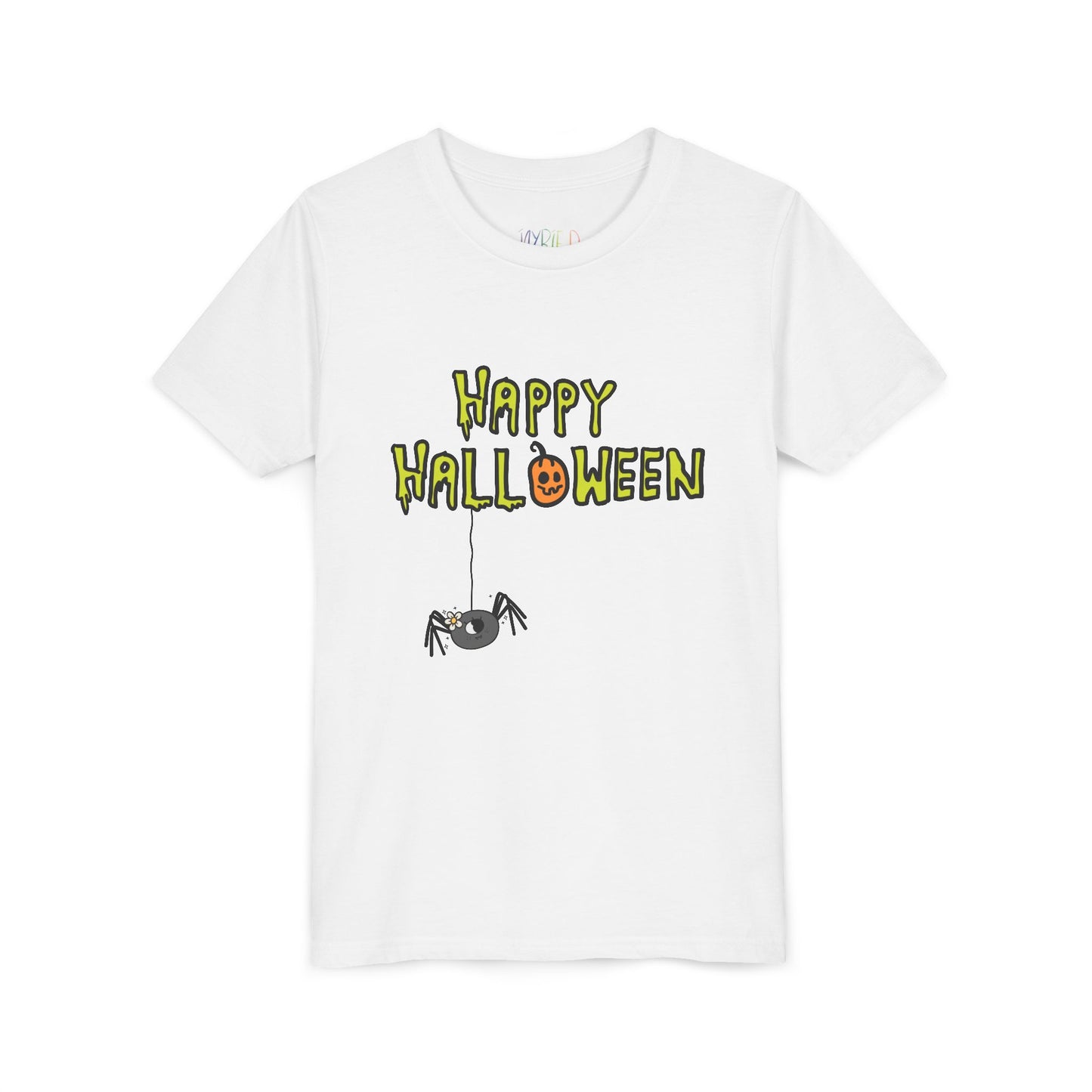 White t-shirt with creepy 'Happy Halloween' text and dangling spider