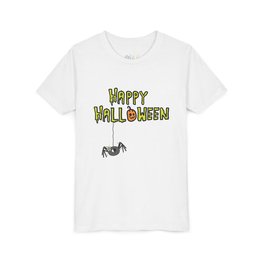 White t-shirt with creepy 'Happy Halloween' text and dangling spider