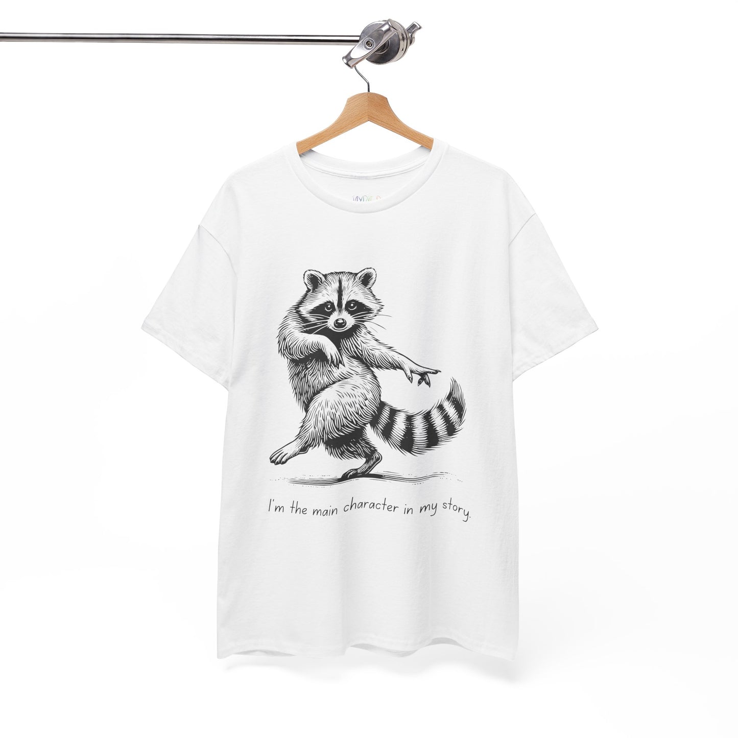 White t-shirt with a dancing raccoon graphic and text 'I'm the main character in my story'