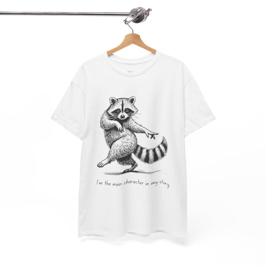 White t-shirt with a dancing raccoon graphic and text 'I'm the main character in my story'