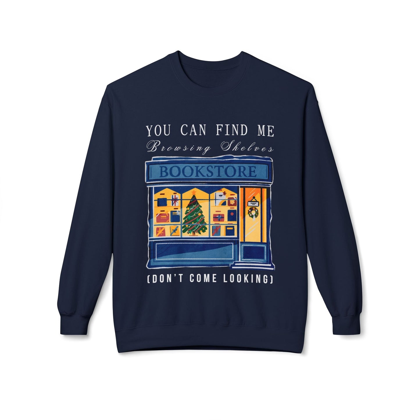 Teen/Adult Unisex Browsing Shelves Bookstore Sweatshirt â€“ Cozy Holiday Bookshop Design Printify