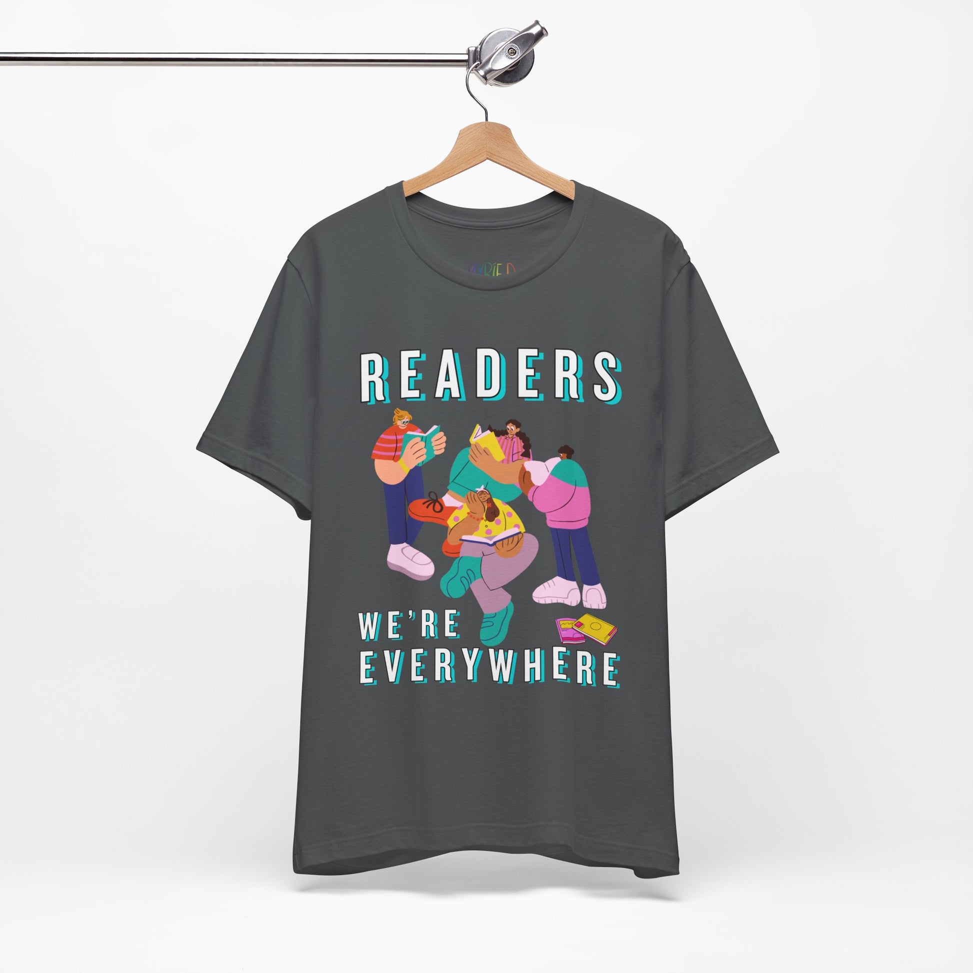 Gray t-shirt with colorful modern shaped people reading books and text 'READERS WE'RE EVERYWHERE' 