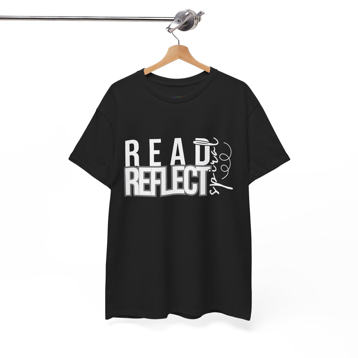 Black t-shirt with 'READ REFLECT SPIRAL' text 