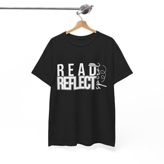 Black t-shirt with 'READ REFLECT SPIRAL' text 