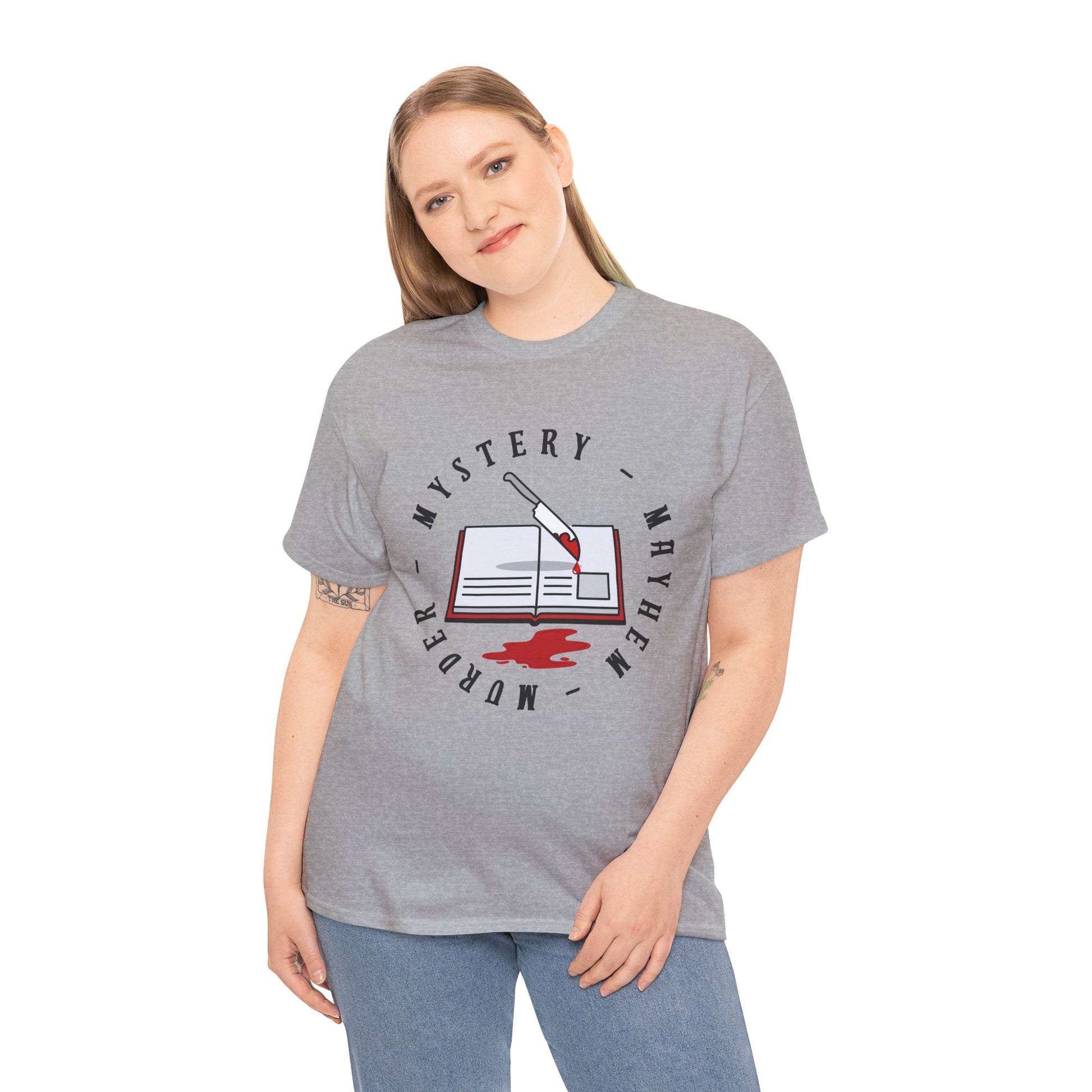 Woman wearing a gray t-shirt with an open book, bloody knife and circular text 'Murder - Mystery - Mayhem'