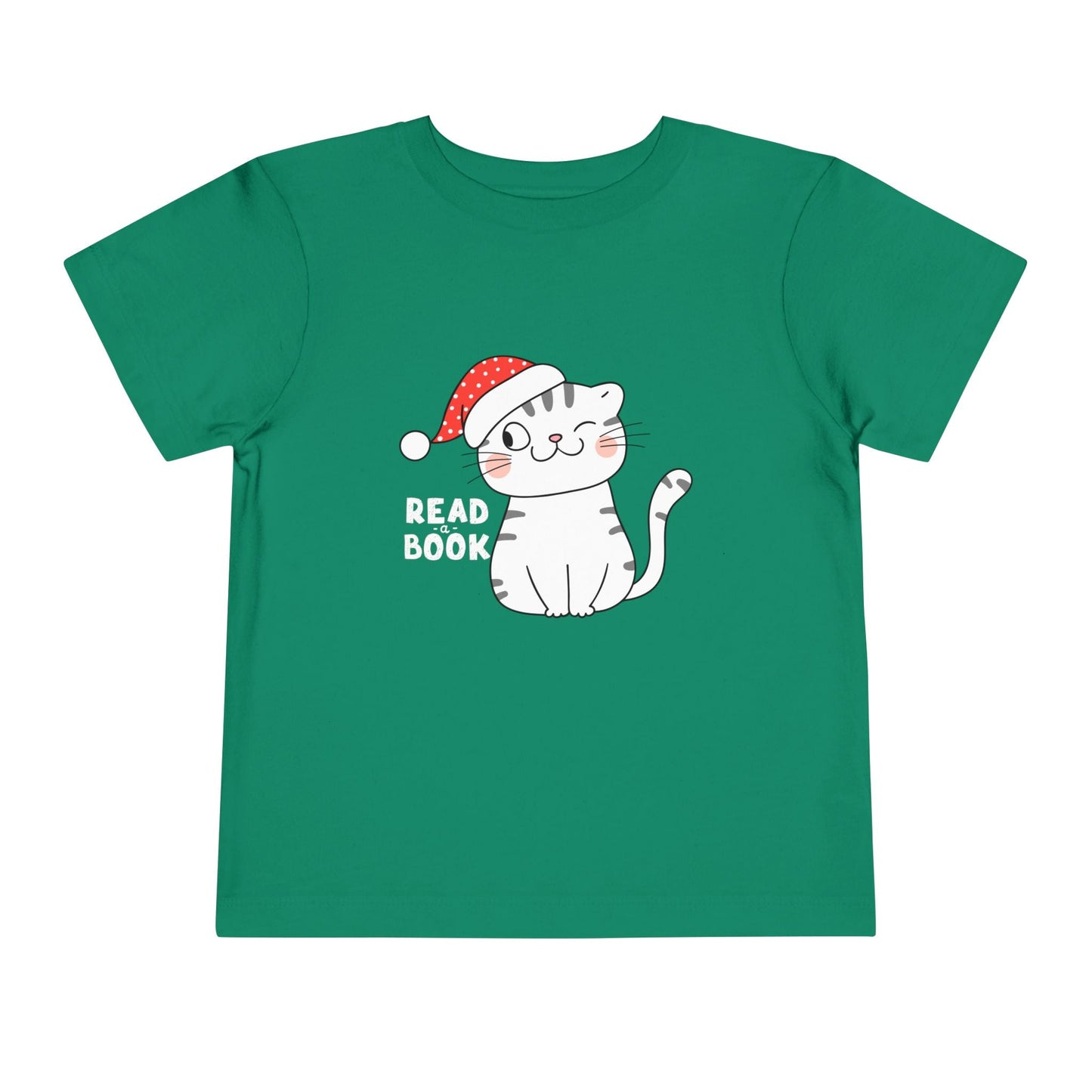 Green toddler t-shirt with a winking cat wearing a Santa hat and 'Read a Book' text on a white background