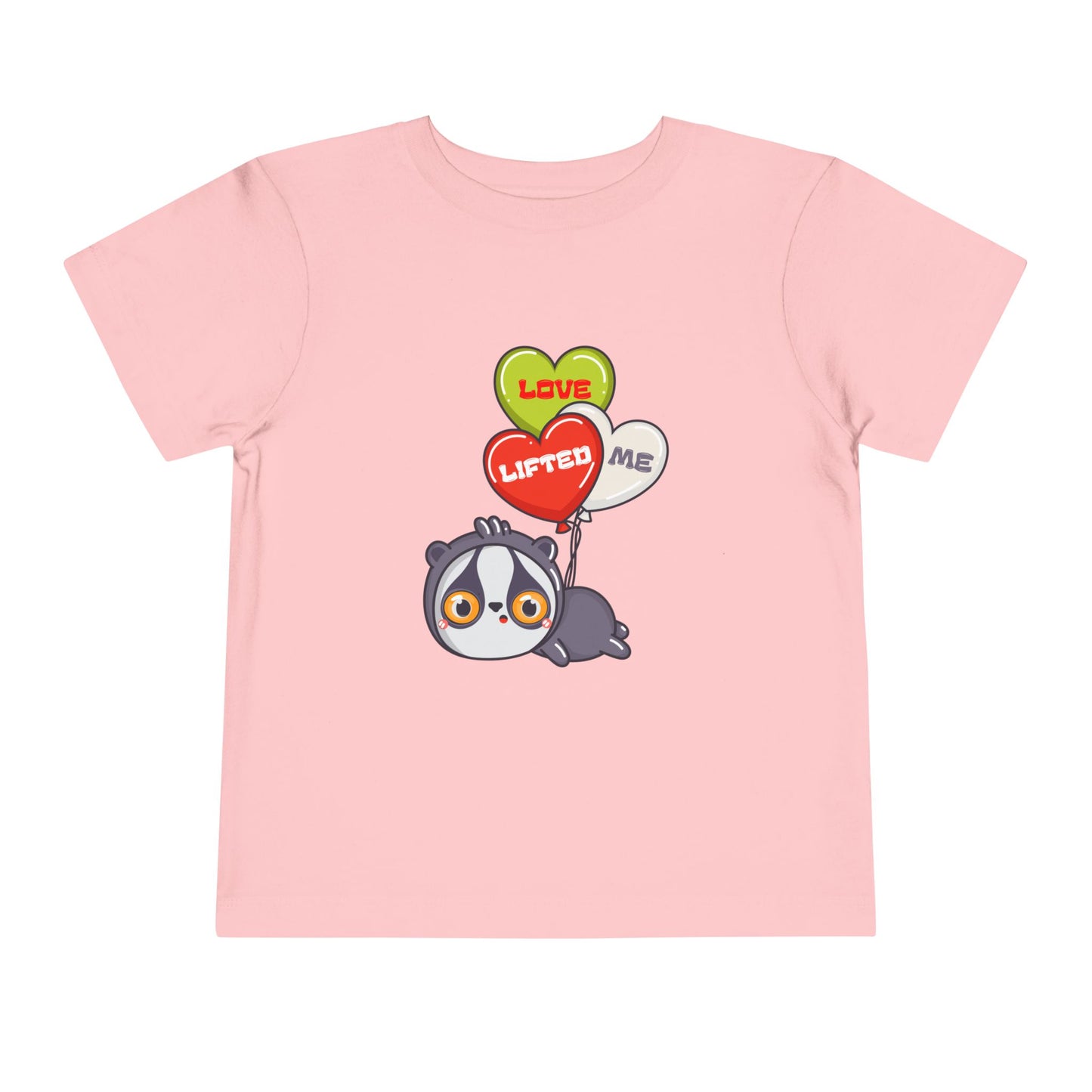 Pink toddler t-shirt with a cartoon sloth being carried away by heart shaped balloons that read 'Love Lifted Me'