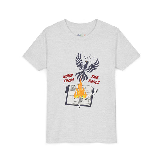 Light ash gray t-shirt with a graphic design featuring a phoenix rising from burning pages and text 'Born From The Pages'