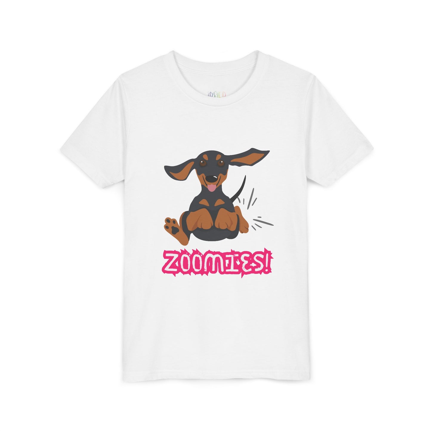 White t-shirt with a running dachshund and 'Zoomies!' text 